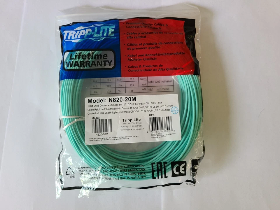 LC-LC OM3 Multi-mode Fiber Patch Cable - 20m (Tripp Lite N820-20M) - Image 1 of 1