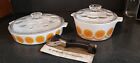 PYROSIL ORANGE X 2 RETRO DISHES/PANS/CASSEROLE WITH LIDS AND ORIGINAL HANDLE