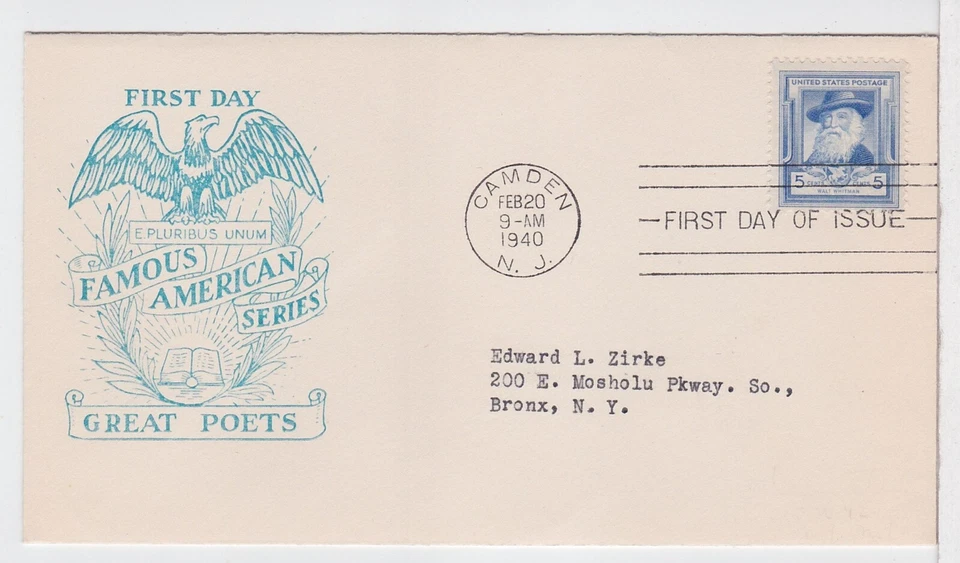 TurtlesTradingPost- Walt Whitman- Great Poets #867 FDC 1940 Unsigned Cachet - Image 1 of 1