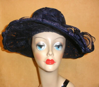 Ladies Sophisticated Navy Blue Open Lattice Woven Wide Brim Sun Hat by Berger's - Image 1 of 4