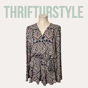 Damen Strampler mit geometrischem Muster V-Ausschnitt Langarm Freizeit Overall - Bild 1 von 9