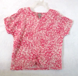 Chicos Blouse Woman Size 1 Pink/White Tie front Pullover Shirt Chiffon Short Slv - Picture 1 of 9
