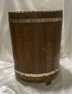 WOOD DRUM END TABLE WITH ORIENTAL THEME CARVINGS 24" TALL 18" ACROSS TOP - Image 1 of 4