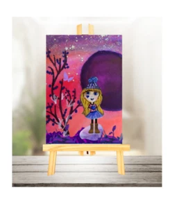 ACEO Art Painting Purple Moon Planet Winter Girl Cartoon Landscape Fantasy Print - Picture 1 of 4