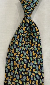 SAKS FIFTH AVENUE ALL SILK YELLOW TEAL NAVY MINI PAISLEY NECKTIE - Picture 1 of 4