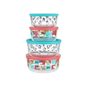 Pyrex Hello Kitty Decorated Glass Food Storage Container 8 Piece Set - Picture 1 of 4