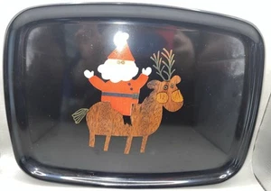 Couroc Of Monterey Rectangular Santa & Reindeer Inlaid Acrylic & Wood Tray MCM - Picture 1 of 7