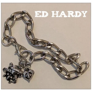 ED HARDY Love Kills Slowly Skull + Fleur de Lis Heart Charm Bracelet Stainless  - Picture 1 of 5
