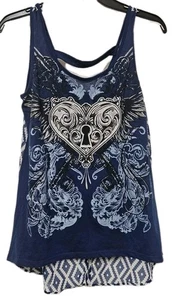 Womens Original Hybrid Threads Tank Top Size S Blue With Heart Glitter Accents - Picture 1 of 4