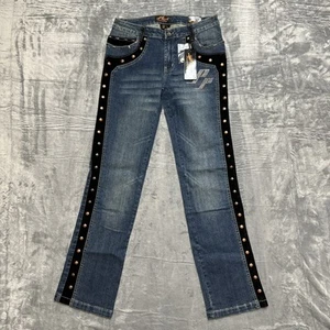 Neu Platin Plüsch bestickt Nieten gerade Jeans Damengröße 9 Samt blau - Bild 1 von 10