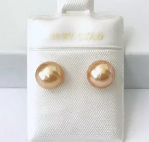 7.8 - 8 mm Golden South Sea Cultured Pearl , 14k Gold Stud Earrings NEW - Picture 1 of 6