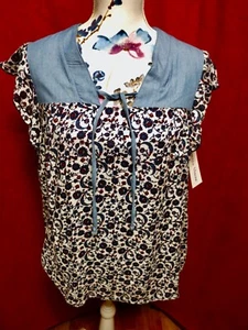 Rebecca Malone Floral Denim Top Blouse Size M Short Sleeve with Ruffle NWT - Picture 1 of 9
