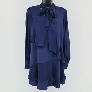 Parker Kleid S Marineblau Kenji Kombi Mini Etuikleid Langarm Stufen Fliege Neu - Bild 1 von 17