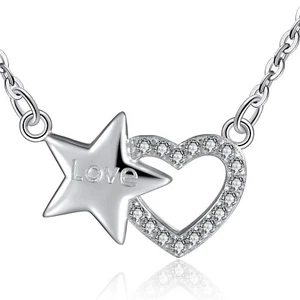 14k Gold Plated Heart Pendant Necklace with Round Cut CZ Crystal Women Jewelry - Picture 1 of 6