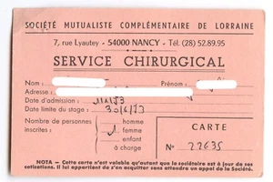 Carte de membre société mutualiste complémentaire de Lorraine an. 1970 - Imagen 1 de 1