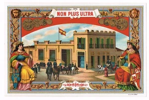 ORIGINAL UM 1900 ZIGARRENKISTE ETIKETT ANTIK NON PLUS ULTRA LÖWE GEBAU PFERDE - Bild 1 von 1