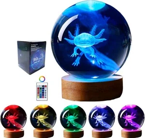 lamp 3D Crystal Ball Axolotl Night Light Wooden Base color change remote control - Picture 1 of 7