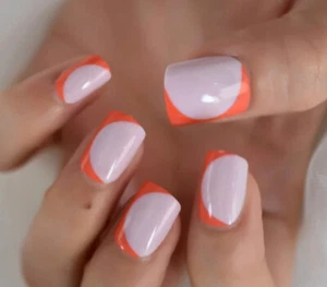 24 Short Press on nails kit w glue NUde orange circle design - Picture 1 of 5