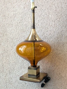 1960s Vtg Mid Century Optical Orange Glass Saucer table lamp, 28 inches tall - Picture 1 of 13