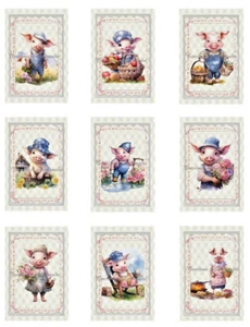 Cute Farmer Pigs A Designer MULTI-SIZE SET Cotton Fabric Quilt Blocks - Picture 1 of 19