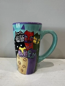Laurel Burch 1998 Tall Mug Blue and Purple Five Cats 6” Tall Coffee Tea Cup - Picture 1 of 5