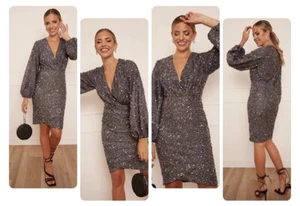 Size 12 Chi Chi Dress Long Sleeve Plunge Sequin Bodycon Mini Dress in Grey New - Picture 1 of 5