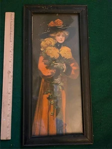 Vintage 19. Jahrhundert 13x6 Druck schönes Mädchen mit gelben Blumen - Bild 1 von 3
