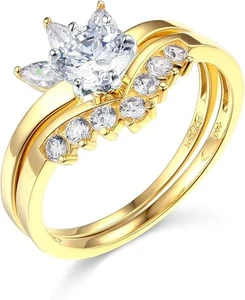 2 Ct Round Marquise Wedding Ring Set Real Solid 14K Yellow Gold Matching Band - Picture 1 of 3