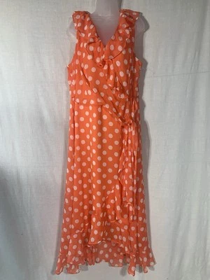 Nuevo con etiquetas Maxi Vestido London Times Gasa Volantes (Plus) 22W, NARANJA/BLANCO Lunares Foto 1 de 4