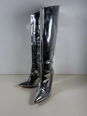 Women's pointy Silver PVC Knee High Heel Boots Size 4 Party Coz Play Fancy Dress - Image 1 of 4