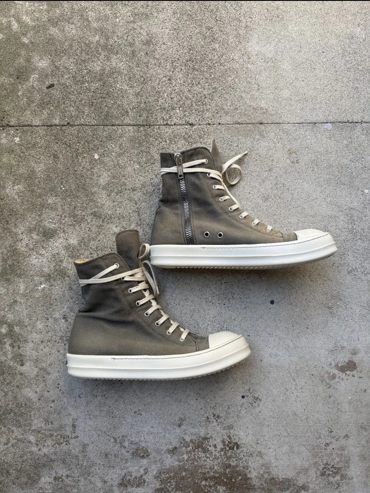 Rick Owens DRKSHDW Ramones Hi Top Sneaker Army Green Olive Grey Gray Canvas 42  - Image 1 of 4