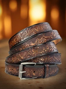 Western Floral Engraved Tooled Genuine Full Grain Leather Belt Strap 1-1/2" Wide - Picture 1 of 13