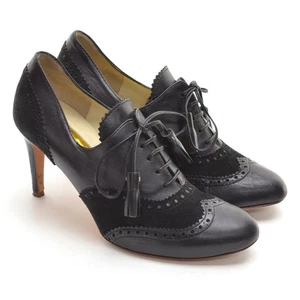 Ladies Rupert Sanderson Brogue Lace Up Pumps 36.5 / 6 Black Leather Heels Shoes - Picture 1 of 7