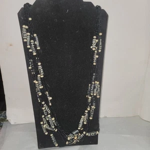Vintage Black White Ethnic Multi Tier Beaded Necklace Costume Jewelry Fashion - Picture 1 of 5