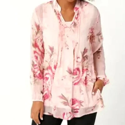 Susan Graver Rosa Transparente Gasa Floral Túnica Blusa Mujer Pequeño Dinero Antiguo Foto 1 de 4