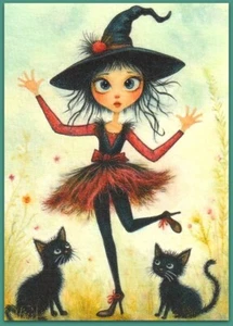 ACEO 2.5x3.5 watercolor painting - cat kitten witch girl fantasy surreal - Picture 1 of 1