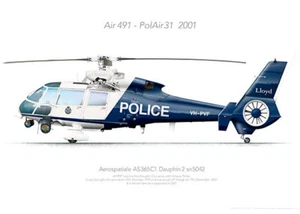 Aerospatiale AS365C VH-PVF VicPol 2001 - A3+ Profile Print - Imagen 1 de 4