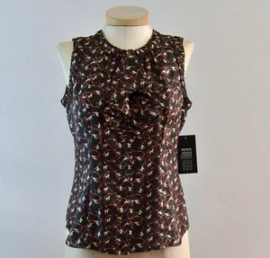 NWT $195 size 0 ETCETERA VINTAGE EQUESTRIAN NAVY RED BEIGE RUFFLED SILK BLOUSE - Picture 1 of 5