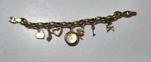 Vintage Anne Klein Women's Swarovski Crystal Gold-Tone Charm Bracelet Watch 7.5"