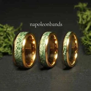 Gelbgold Moos Achat Paar Ring Set - polierter Wolfram Ehering - Bild 1 von 11
