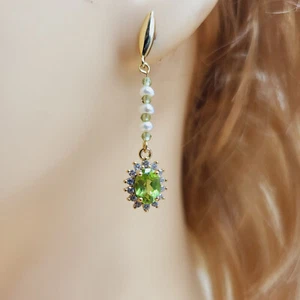 Peridot Pearl Stud-Drops, Cubic Zirconia, Gold Plated, Semi Precious, Handmade - Picture 1 of 5