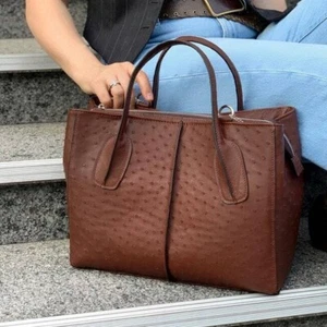 Bolso de hombro marrón de lujo exótico de cuero de avestruz genuino para mujer - Imagen 1 de 14