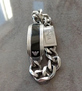 Emporio Armani Bracelet, Chunky Steel and Black Onyx, 22cm in length, Mens - Picture 1 of 14