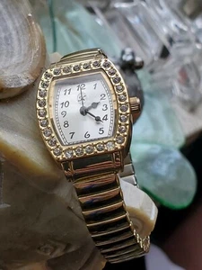 Gold Tone Watch Women's Fashion Rectangular Rhinestone Bezel Silver Tone Face  - Picture 1 of 9
