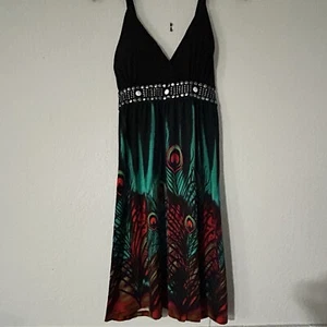 MAGIC Dress Size Large Peacock Print Colorful Boho-Chic - Picture 1 of 5