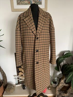 Zara Man Brown Wool Mix Checked Plaid Long Coat Jacket Mens Size Small Oversized - Image 1 of 4