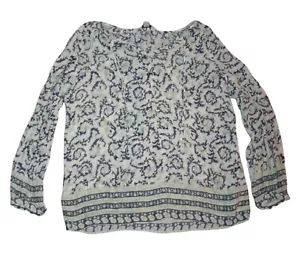 Women's Medium Boho Blouse Lucky Brand Paisley Cream, Blue & Green Floral Tassel - Picture 1 of 5
