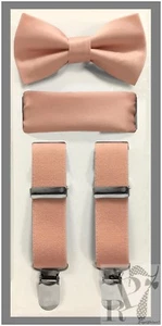 Peach NEW Boy's Clip Suspender Bow tie & Pocket Square Handkerchief 3 pieces set - Picture 1 of 1