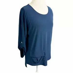 Sympli Navy Blue Jersey Knit Top Flap Pocket Front Lagenlook Boxy Boho Size 6 - Picture 1 of 9