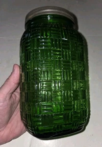 Raro barattolo armadio Hoosier tessuto cesto verde Owens Illinois anni '30 etichetta Ovil - Foto 1 di 10